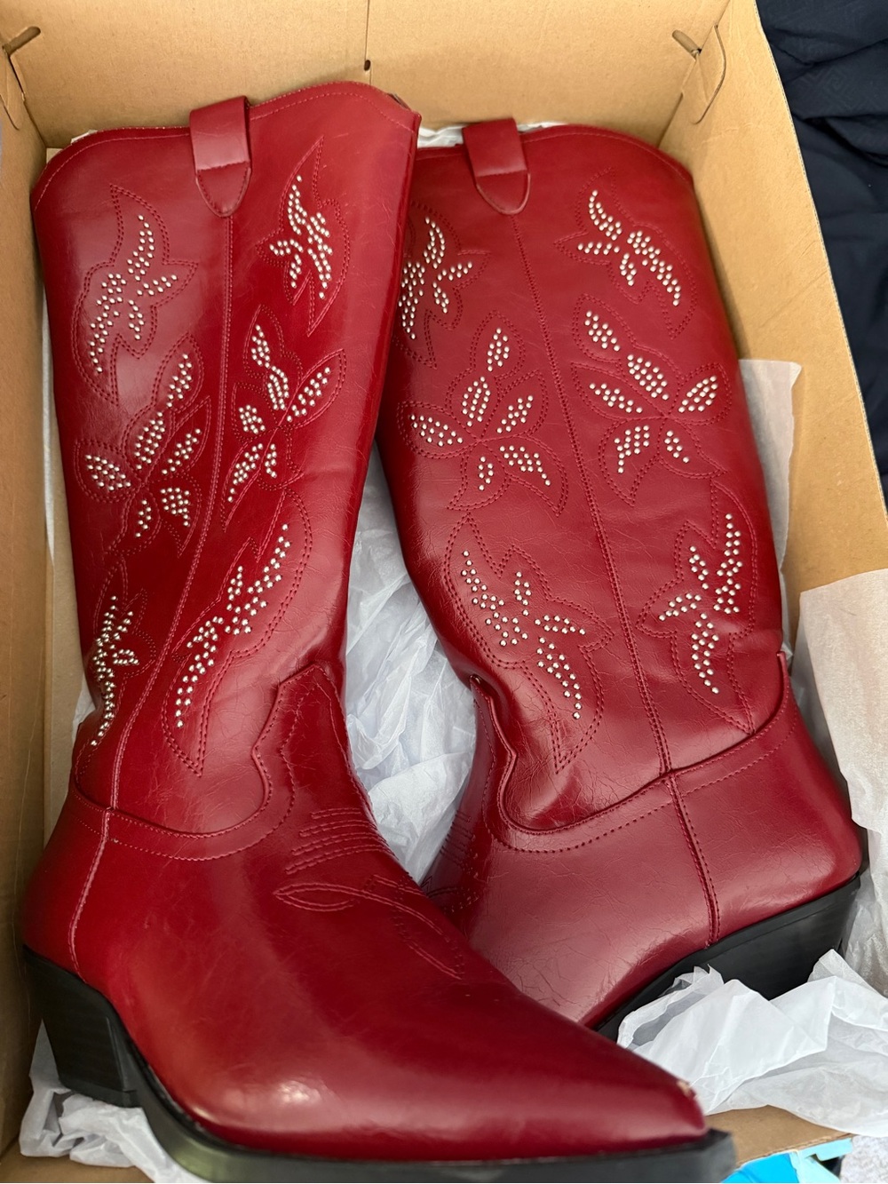 JustFab Red Studded Western Knee-High Boots